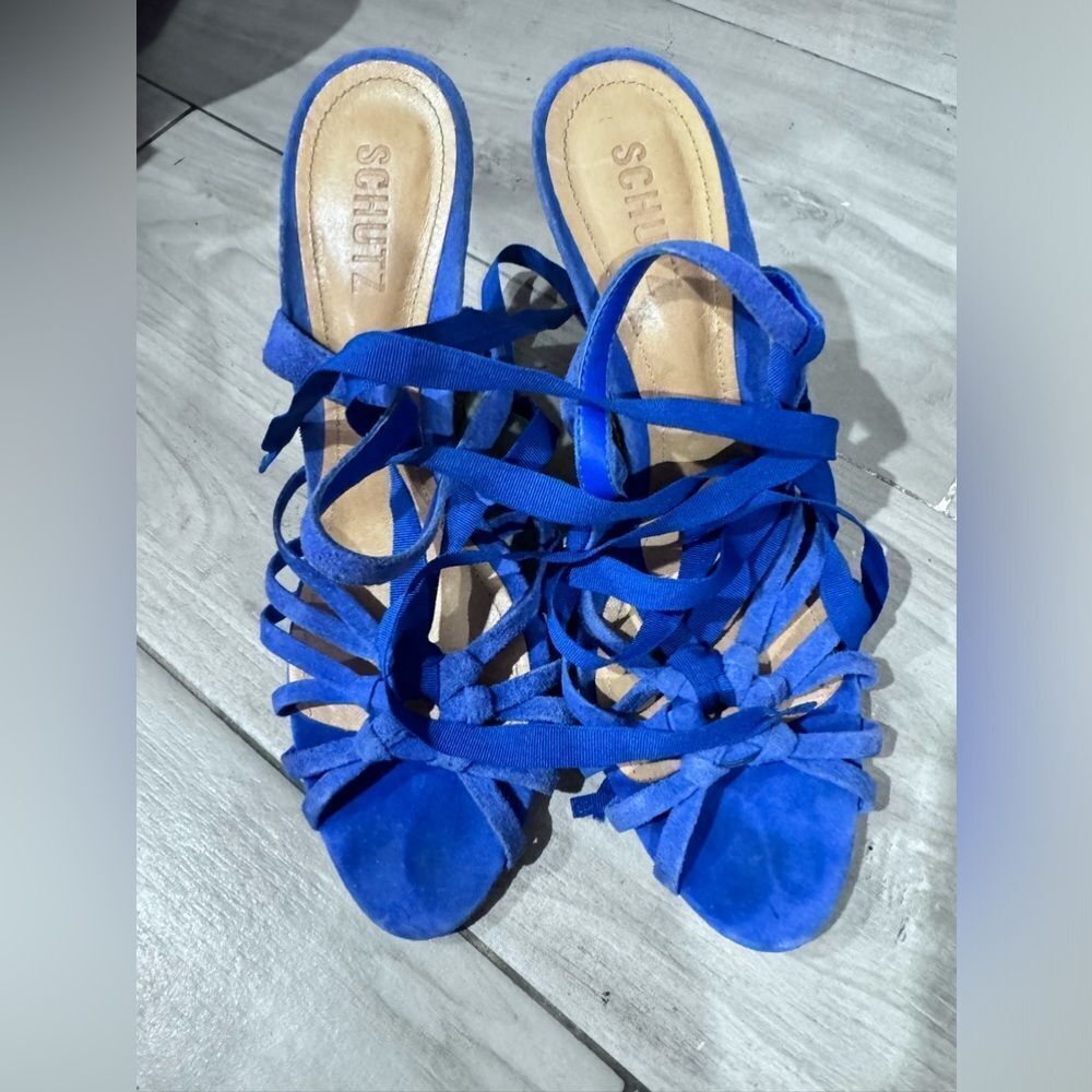 Schutz Blue Lace-Up Espadrille Wedge Sandals